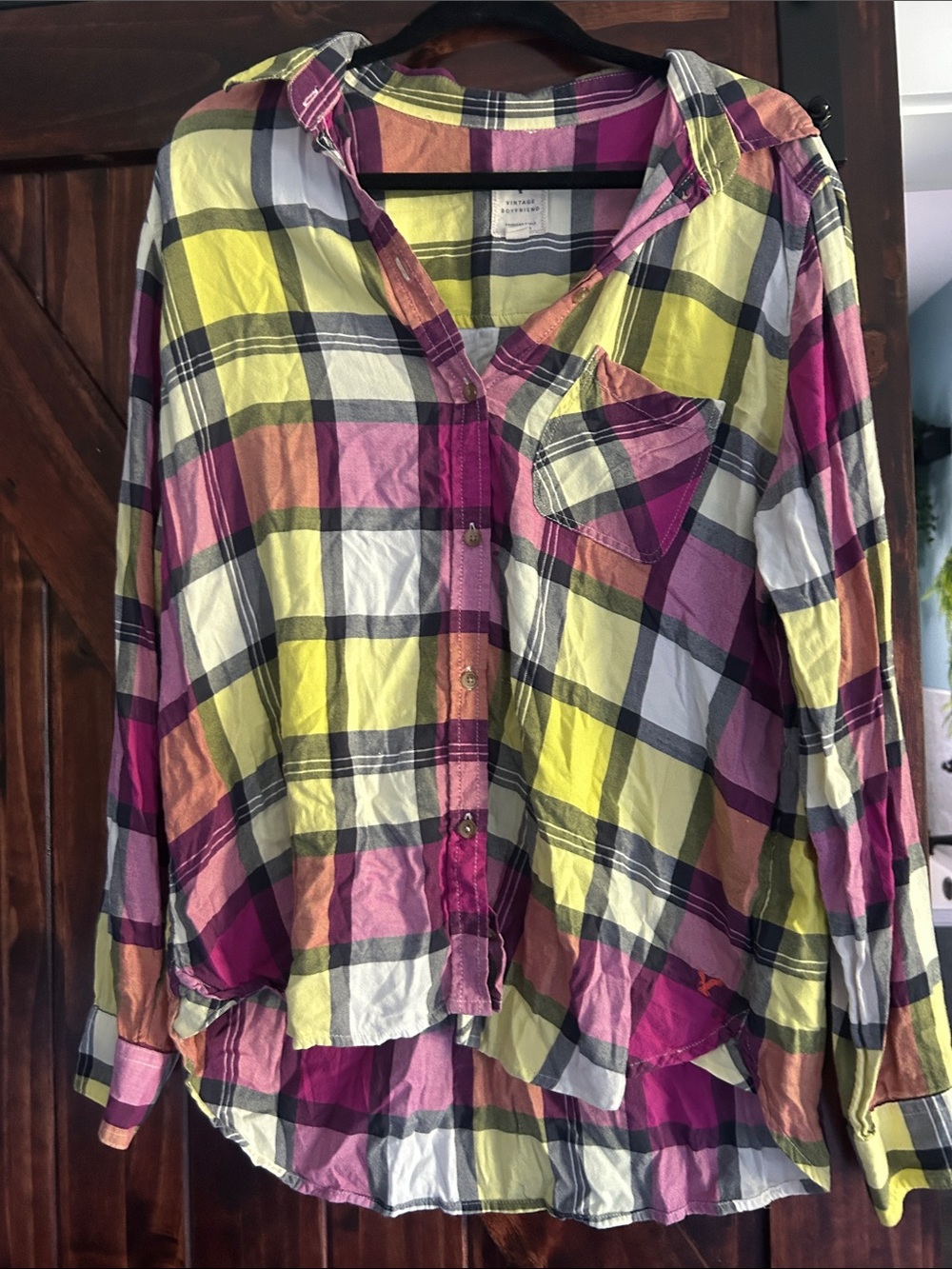 American Eagle Outfitters Plaid Button-Up in Yellow, Pink & Black